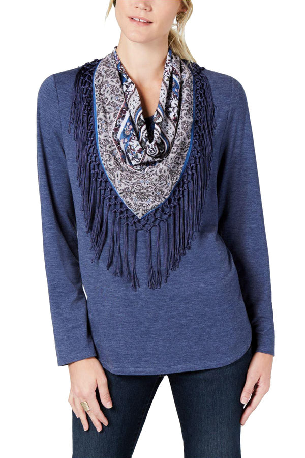 Style & Co. PLUS Blue Top with Detachable Fringe Scarf