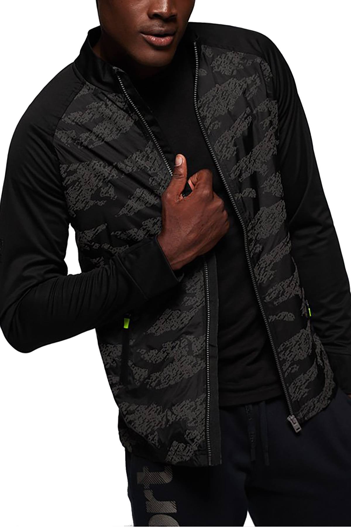 SuperDry Black-Dash/Reflective-Camo Training Stretch Hybrid Zip-Through Jacket