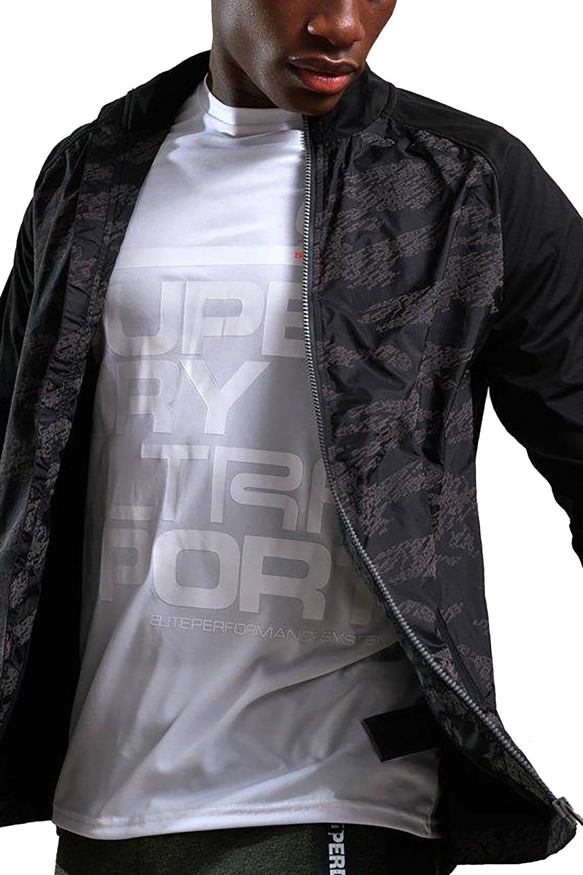 SuperDry Black-Dash/Reflective-Camo Training Stretch Hybrid Zip-Through Jacket