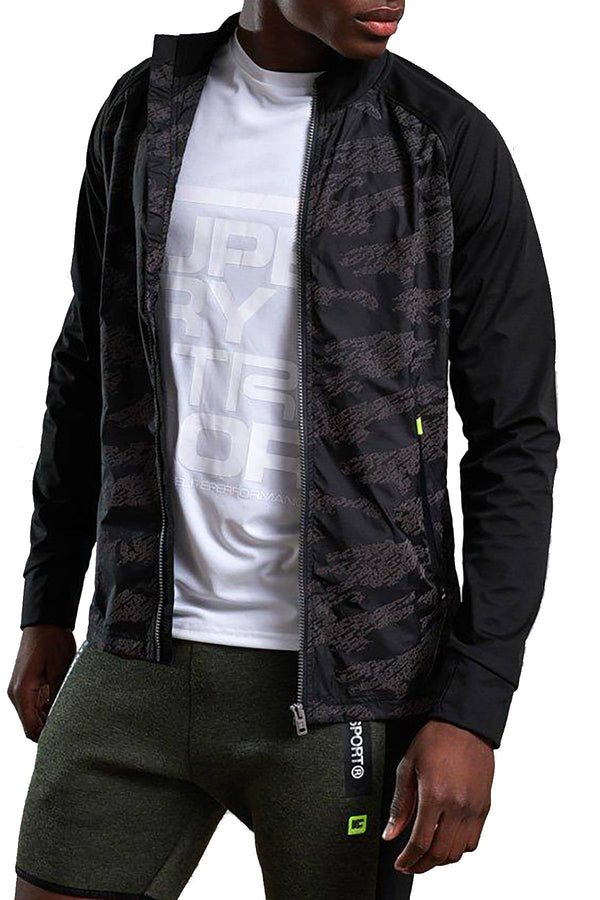 SuperDry Black-Dash/Reflective-Camo Training Stretch Hybrid Zip-Through Jacket
