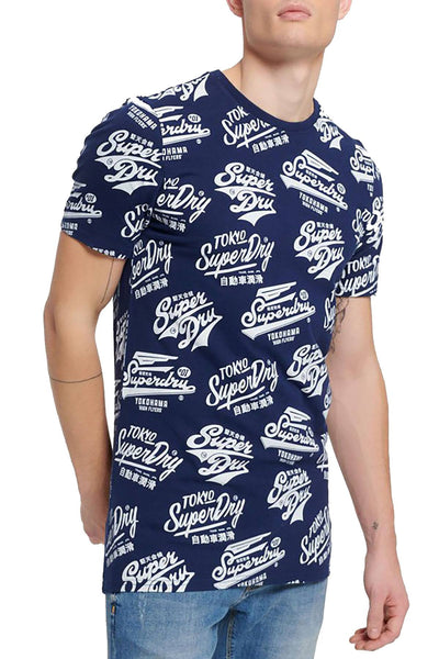 SuperDry Classic-Blue Triple Logo AOP Long-Line T-Shirt