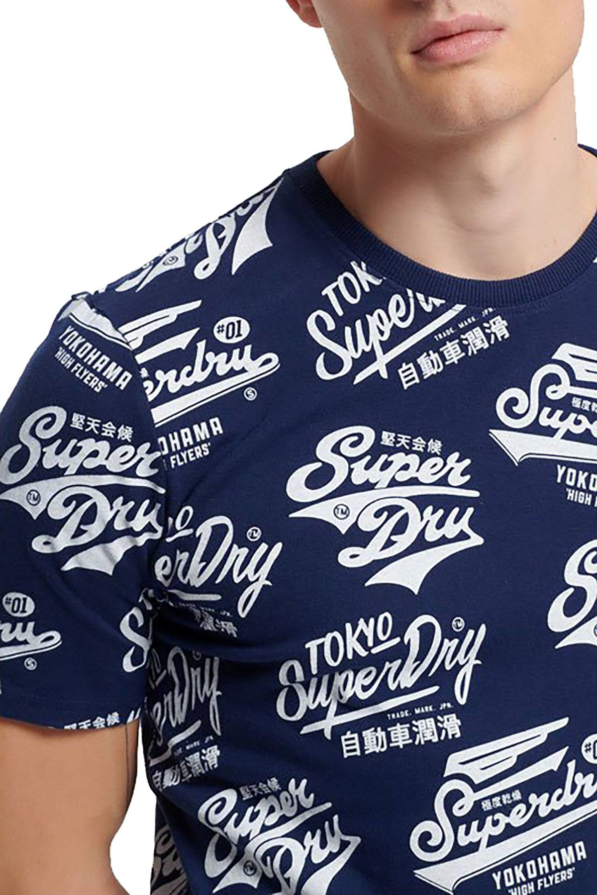 SuperDry Classic-Blue Triple Logo AOP Long-Line T-Shirt