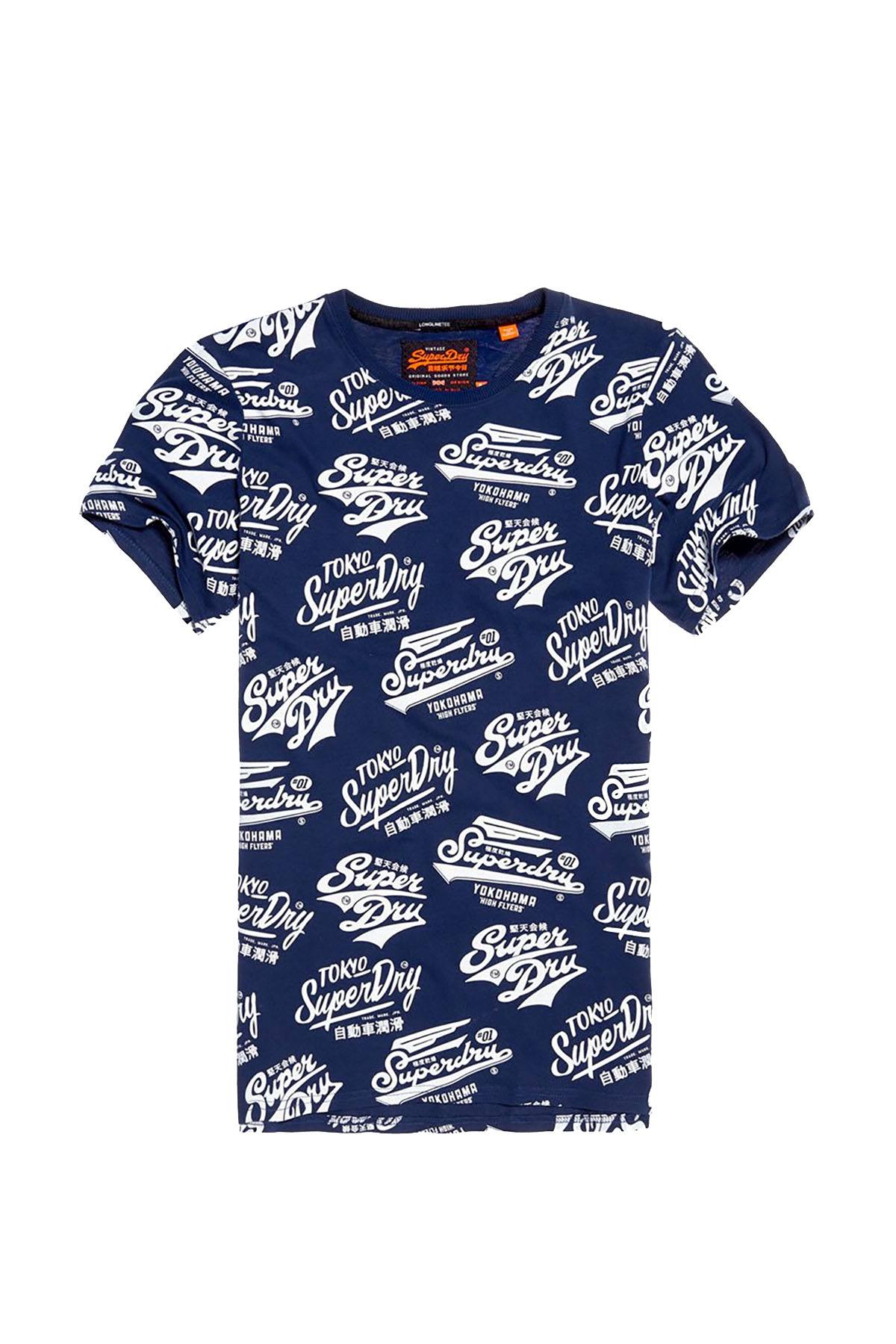 SuperDry Classic-Blue Triple Logo AOP Long-Line T-Shirt