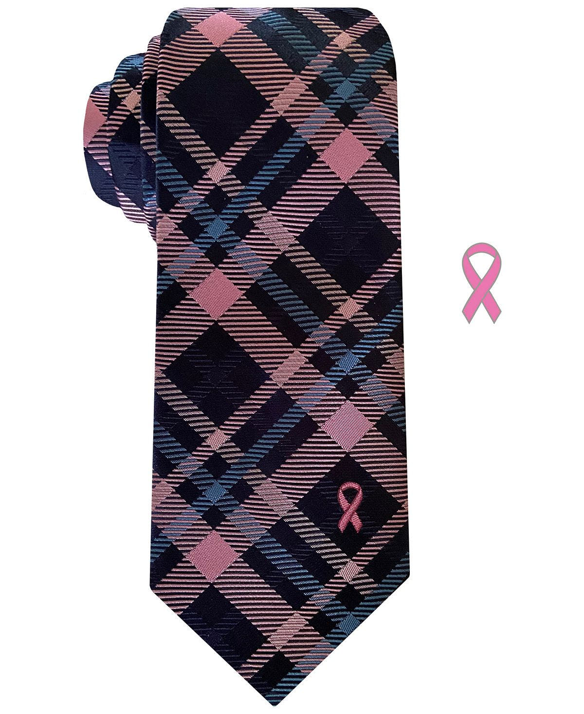 Susan G Komen Slim Plaid Tie With Lapel Pin Navy