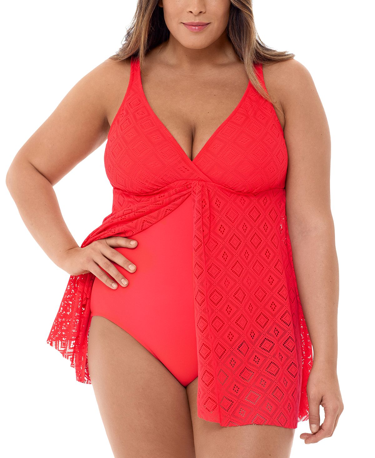 Swim Solutions Plus Crochet Flyaway Tummy Control Swimdress Crochet Coral