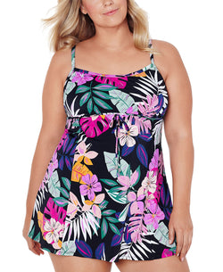 Swim Solutions Plus Floral-print Empire Swimdress Deco Floral Black thumbnail 1