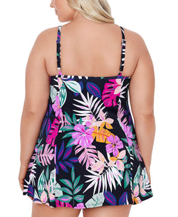 Swim Solutions Plus Floral-print Empire Swimdress Deco Floral Black thumbnail 3