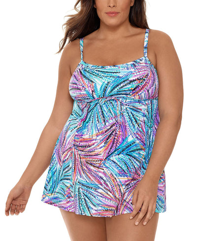 Swim Solutions Plus Palmalicious Printed Empire Tummy Control Swimdress Palmalicous