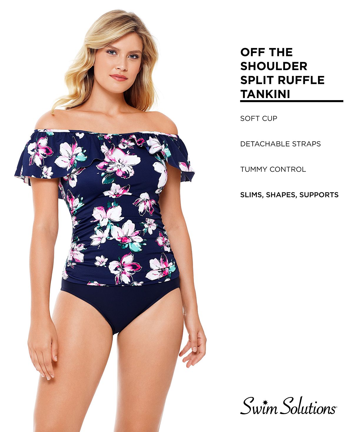 Swim Solutions Status Printed Off-the-shoulder Tankini Top Status Floral Navy