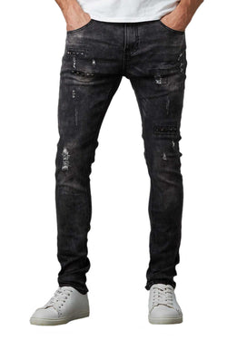 Tailored Recreation Premium Black Distressed & Studded Tapered Denim Pant thumbnail 1