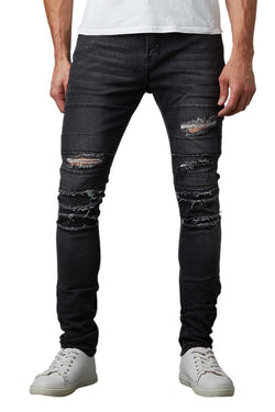 Tailored Recreation Premium Black Ripped & Distressed Tapered Denim Pant thumbnail 1