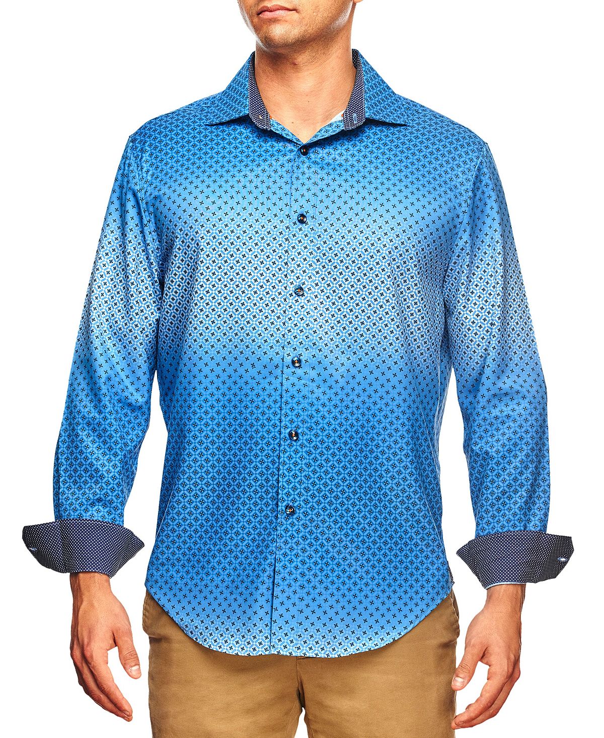 Tallia Slim Fit Ombre Geo Print Long Sleeve Shirt And A Free Face Mask Blue