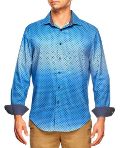 Tallia Slim Fit Ombre Geo Print Long Sleeve Shirt And A Free Face Mask Blue thumbnail 1