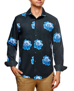 Tallia Slim Fit Peony Print Long Sleeve Shirt And A Free Face Mask Black, Blue thumbnail 1