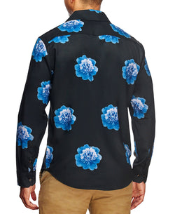 Tallia Slim Fit Peony Print Long Sleeve Shirt And A Free Face Mask Black, Blue thumbnail 2
