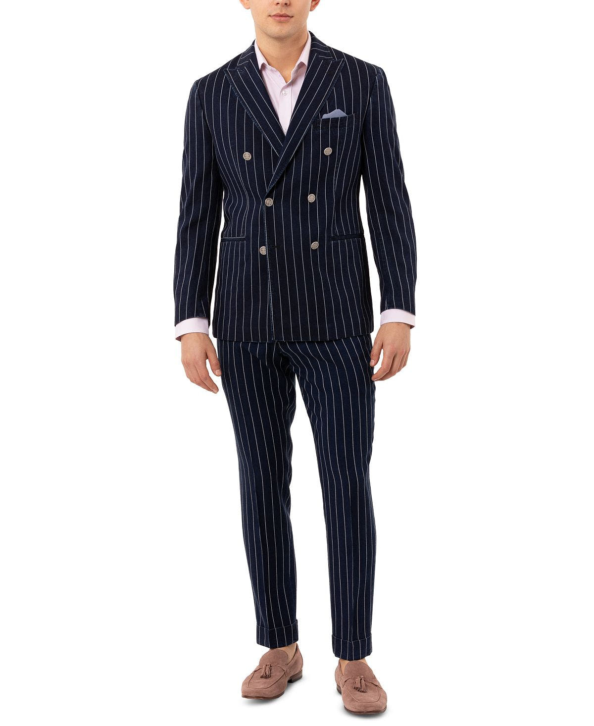 Tallia Slim-fit Double Breasted Striped Sport Coat Navy