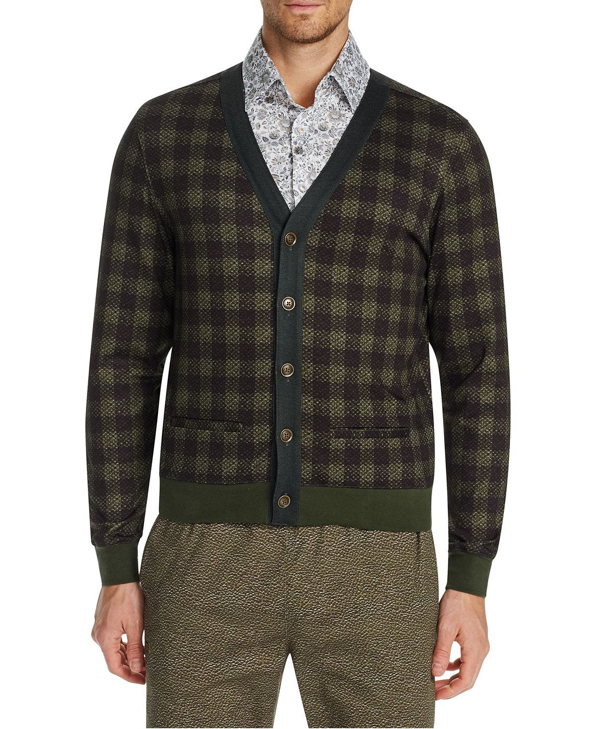Tallia Slim-fit Stretch Plaid Cardigan Green