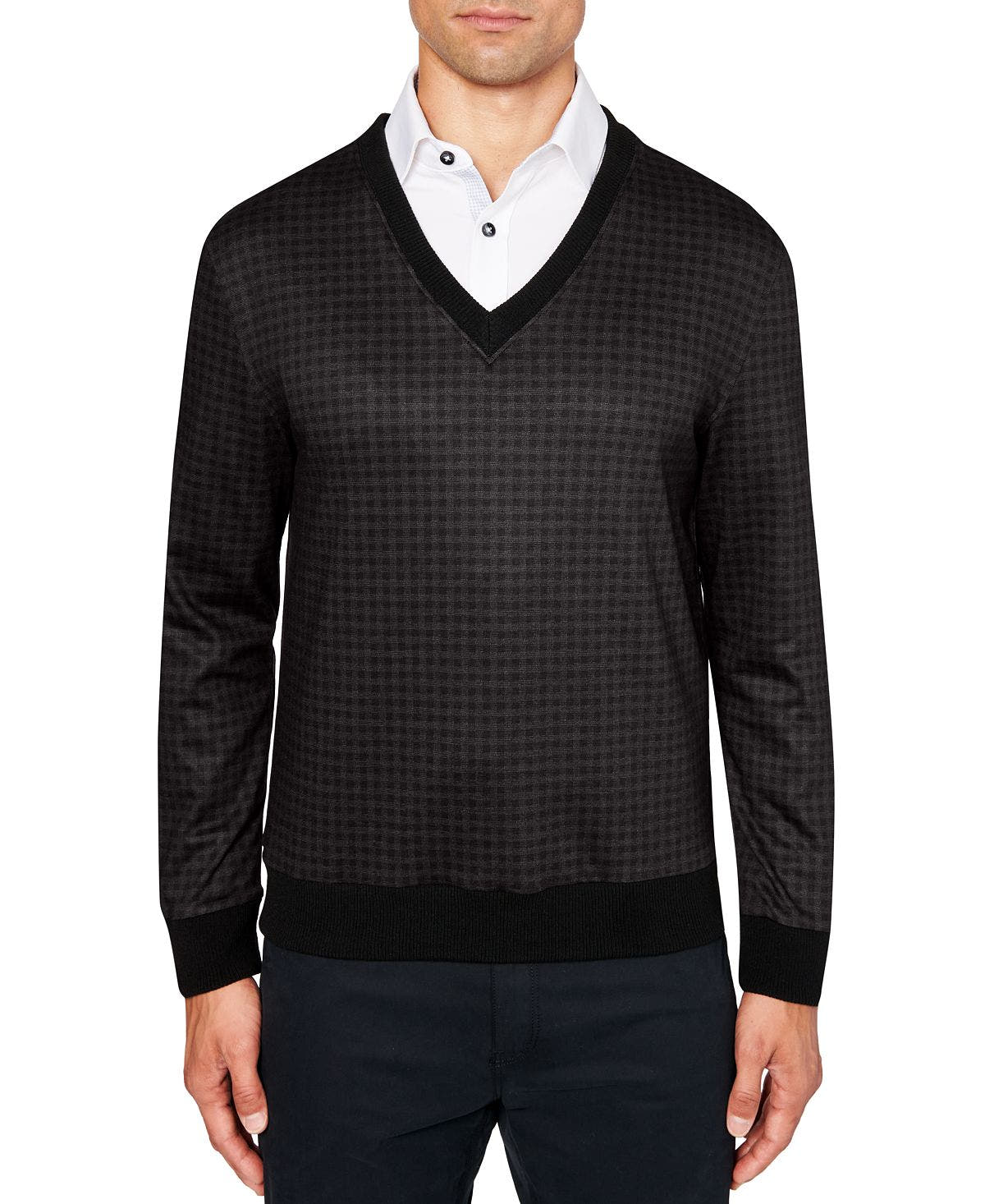Tallia Slim-fit V-neck Check Sweater Black