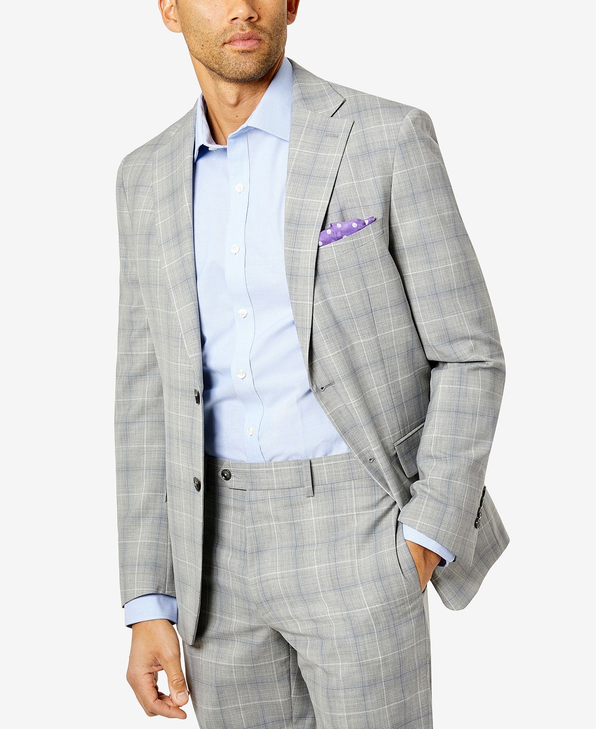 Tallia Slim-fit Wool Suit Jacket Light Grey/Blue Plaid