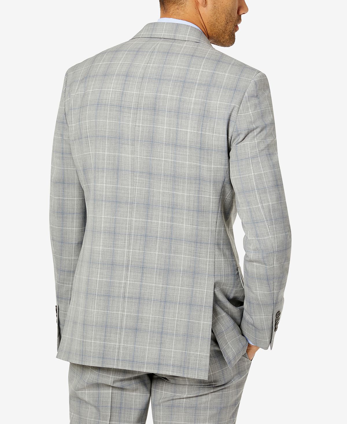 Tallia Slim-fit Wool Suit Jacket Light Grey/Blue Plaid