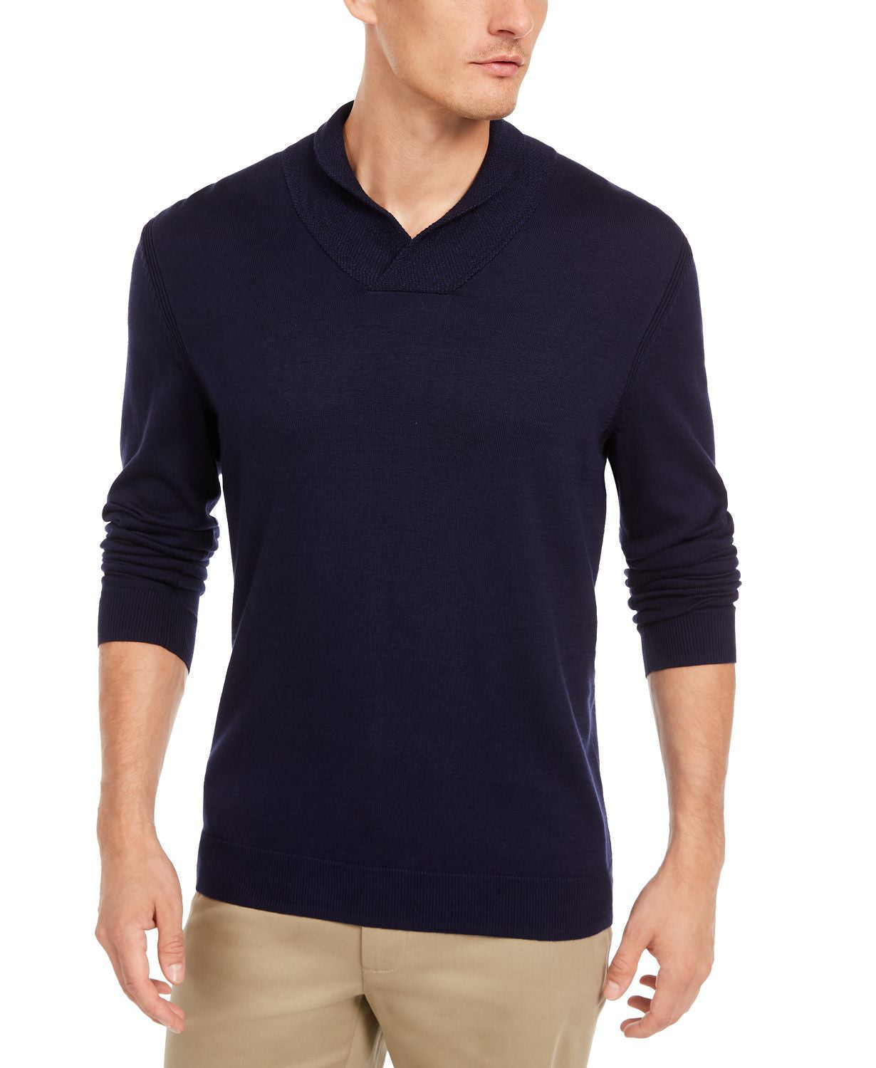Tasso Elba Contrast Shawl-collar Supima Cotton Sweater Dark Blue