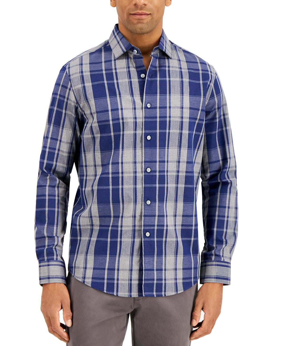 Tasso Elba Dot Plaid Dobby Shirt Tallon Blue