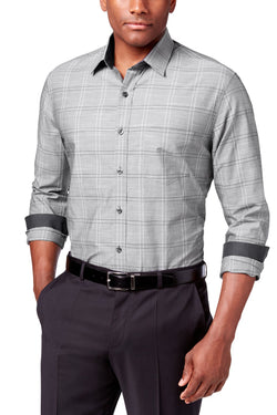 Tasso Elba Grey Combo Minimal Plaid Chambray Roll Tab Shirt thumbnail 1