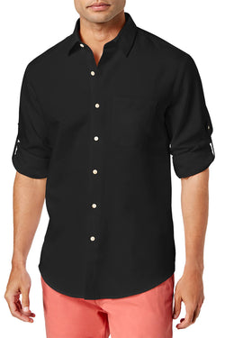 Tasso Elba Island Black Linen-Blend Adjustable Sleeves Button-Down Shirt thumbnail 1