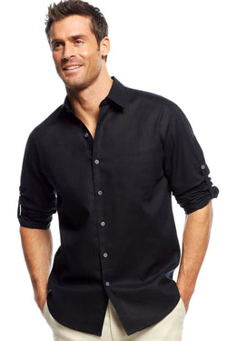 Tasso Elba Island Black Linen-Blend Adjustable Sleeves Button-Down Shirt thumbnail 2