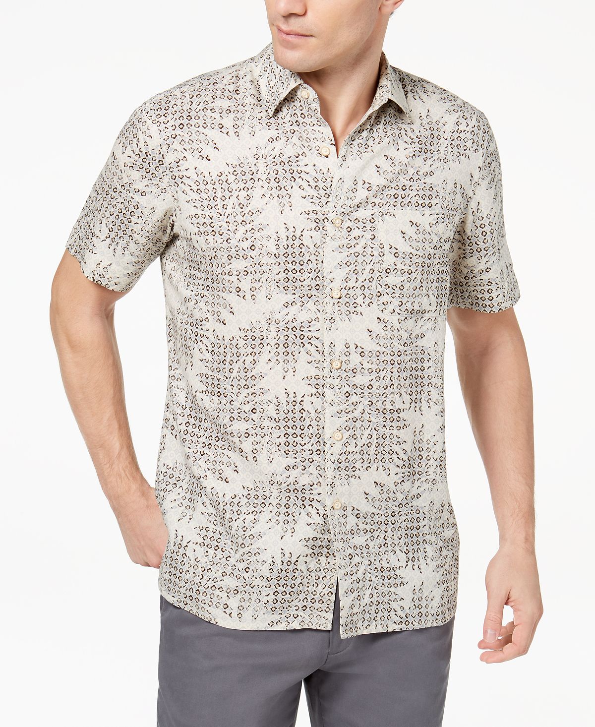 Tasso Elba Island Tropical Print Shirt Khaki Combo