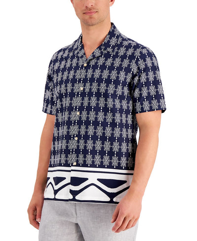 Tasso Elba Mediana Geometric-print Cotton Shirt Navy Combo