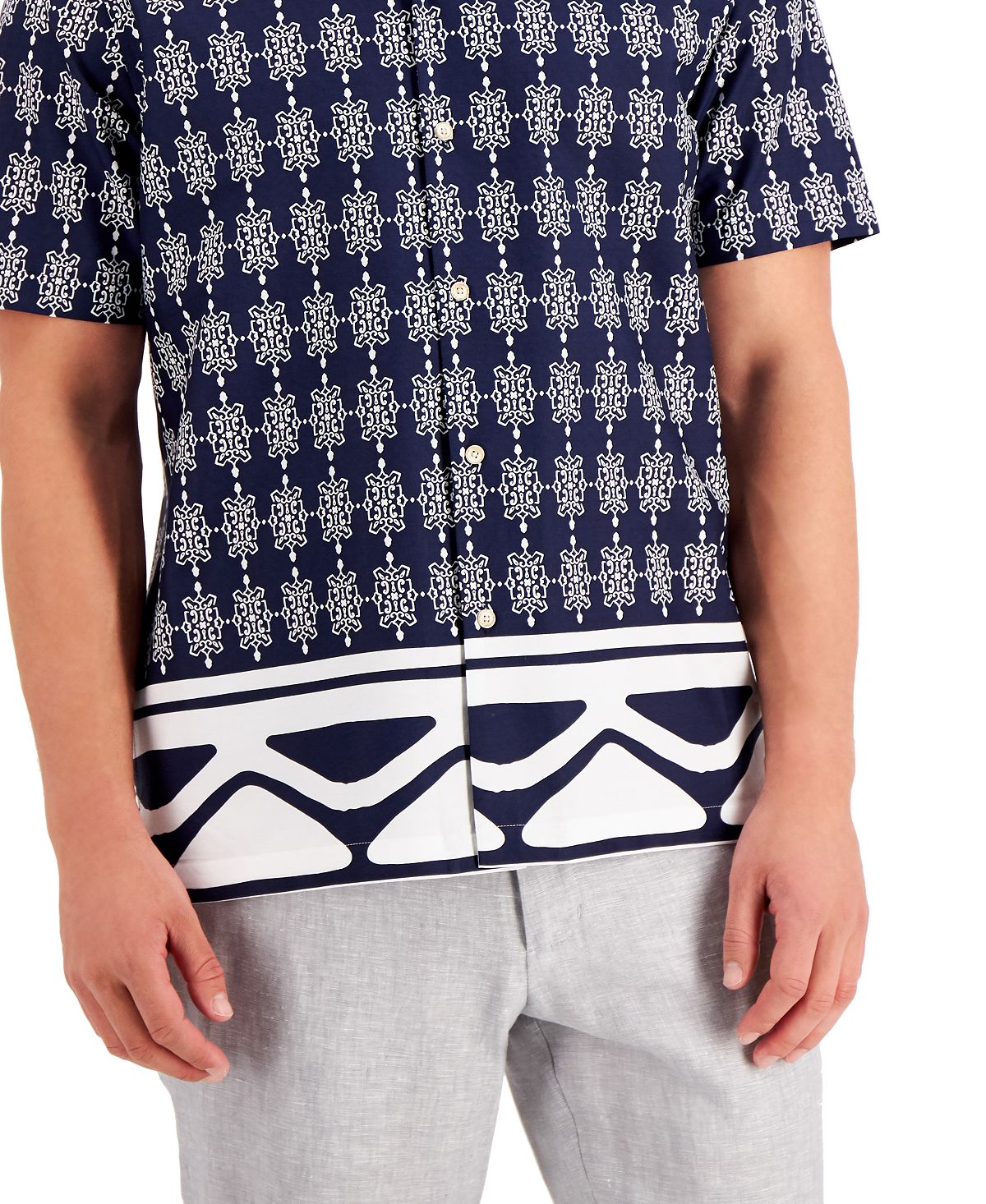 Tasso Elba Mediana Geometric-print Cotton Shirt Navy Combo
