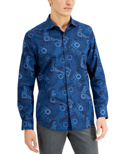 Tasso Elba Stretch Geo Paisley-print Dobby Shirt Blue Combo thumbnail 1