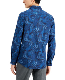 Tasso Elba Stretch Geo Paisley-print Dobby Shirt Blue Combo thumbnail 2
