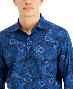 Tasso Elba Stretch Geo Paisley-print Dobby Shirt Blue Combo thumbnail 3