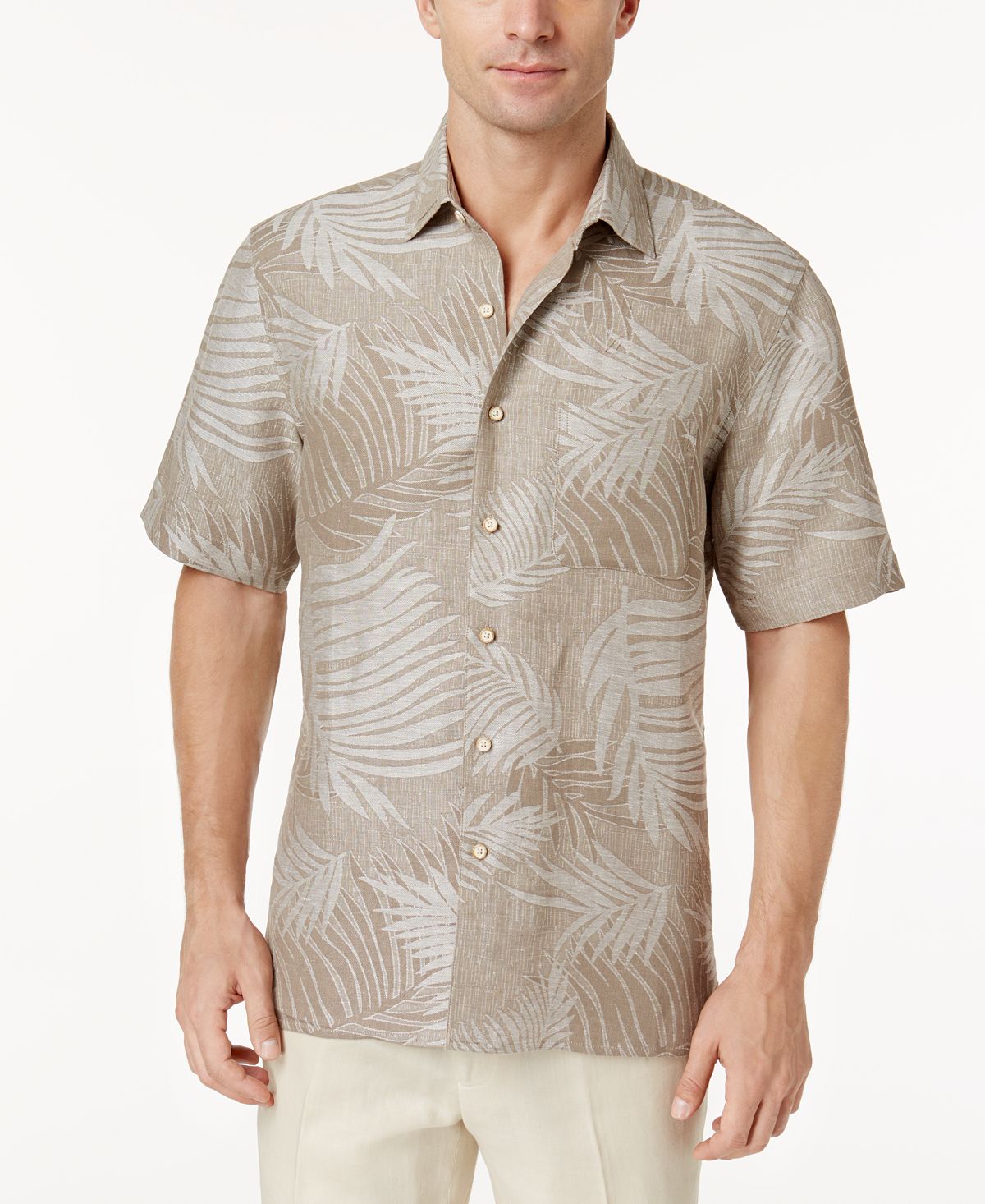 Tasso Elba Tropical Print Silk Linen Blend Short-sleeve Shirt Khaki Combo