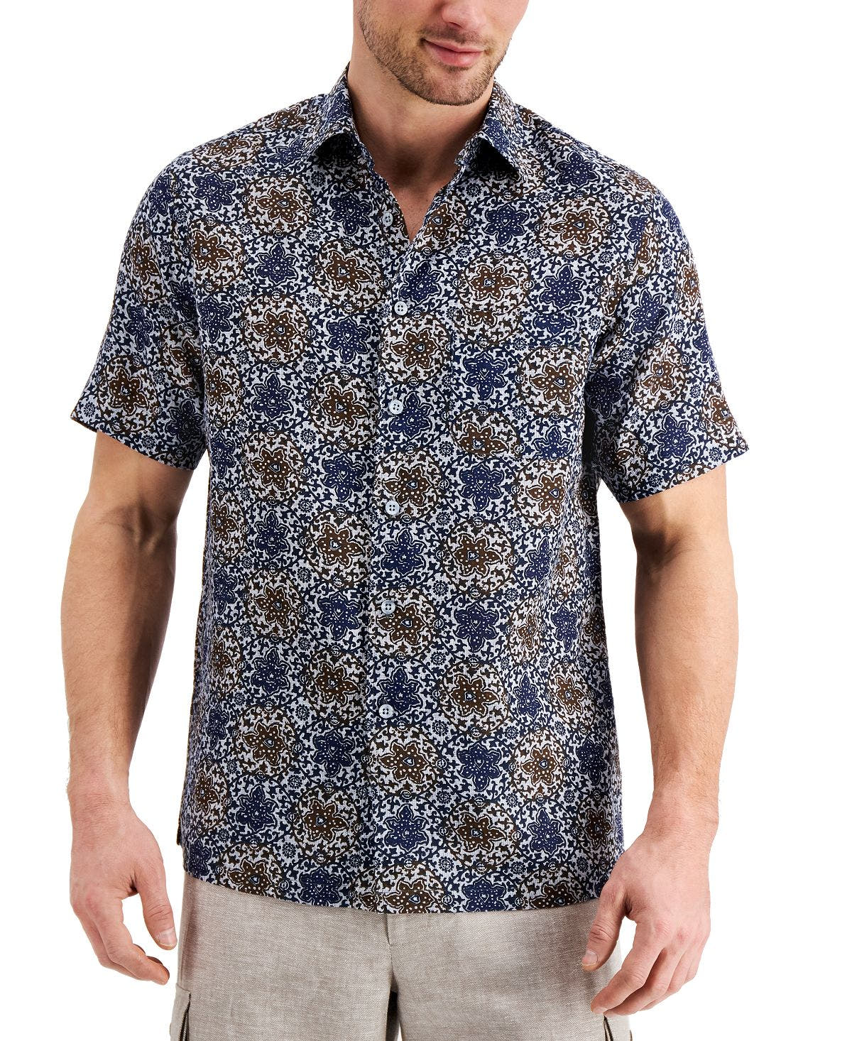 Tasso Elba Vine Print Linen Short Sleeve Shirt Navy Combo