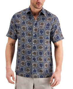 Tasso Elba Vine Print Linen Short Sleeve Shirt Navy Combo thumbnail 1