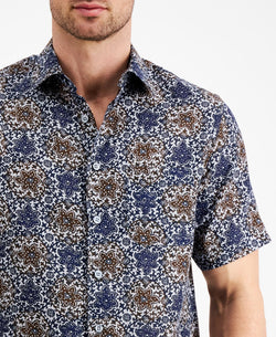 Tasso Elba Vine Print Linen Short Sleeve Shirt Navy Combo thumbnail 3