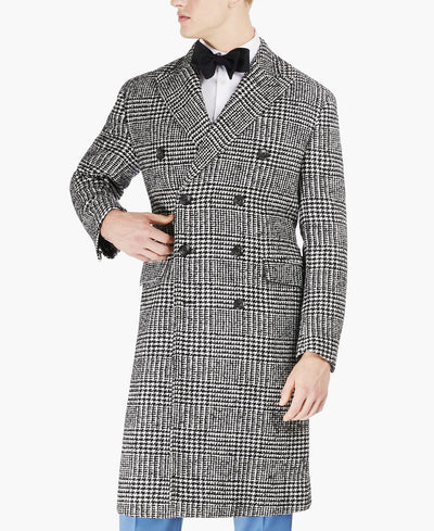 Tayion Collection Classic Double-breasted Glen Plaid Overcoat Blk White