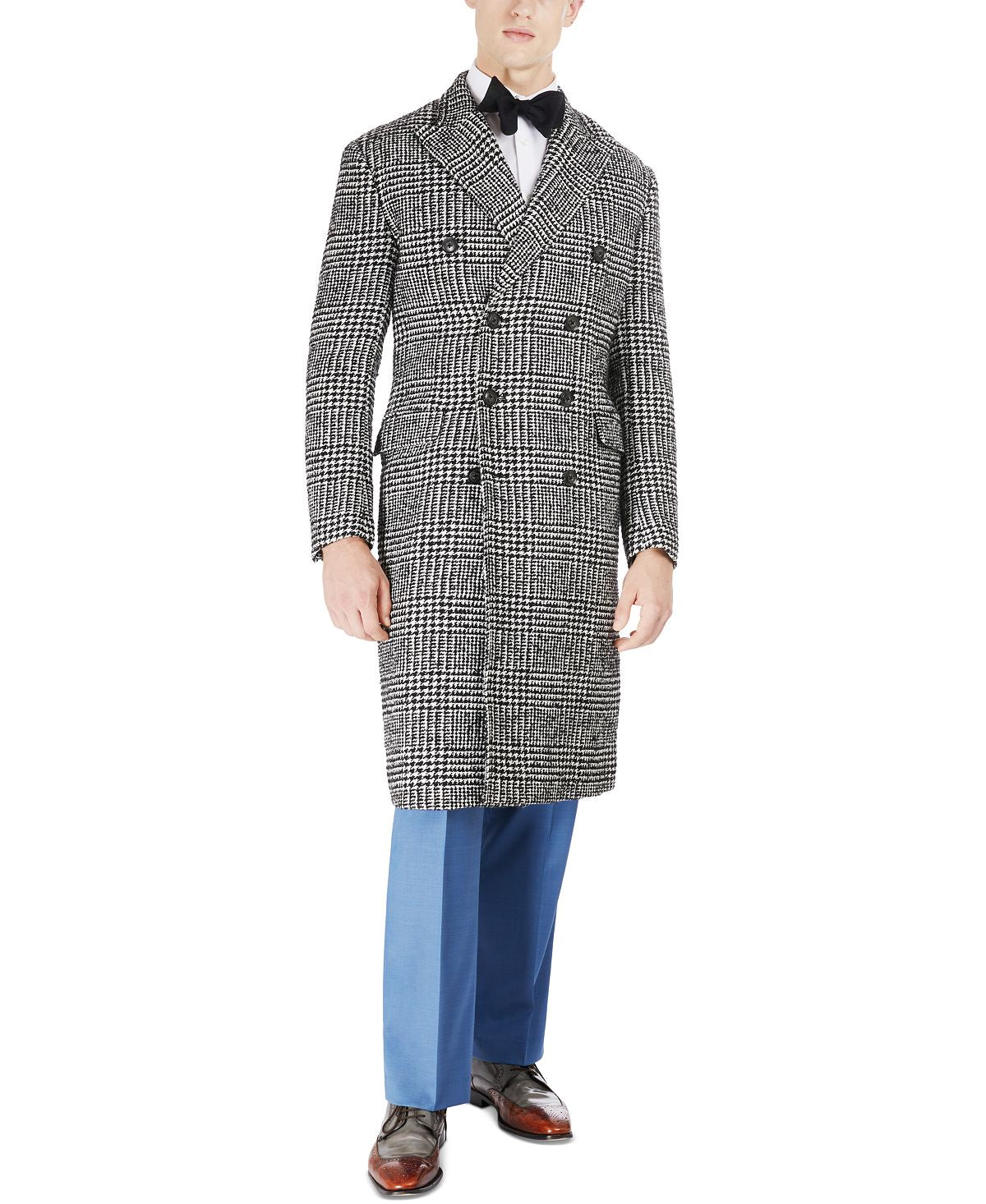 Tayion Collection Classic Double-breasted Glen Plaid Overcoat Blk White