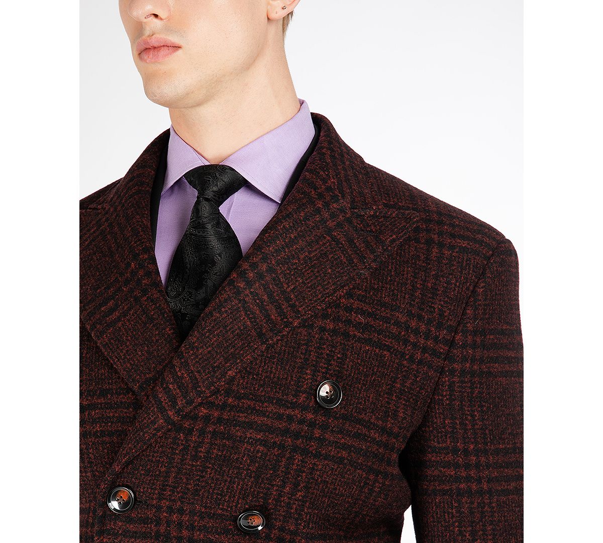 Tayion Collection Classic Double-breasted Glen Plaid Overcoat Red Navy