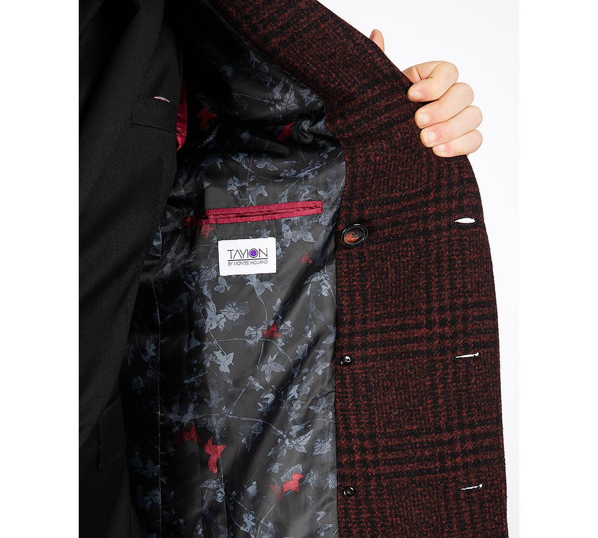 Tayion Collection Classic Double-breasted Glen Plaid Overcoat Red Navy