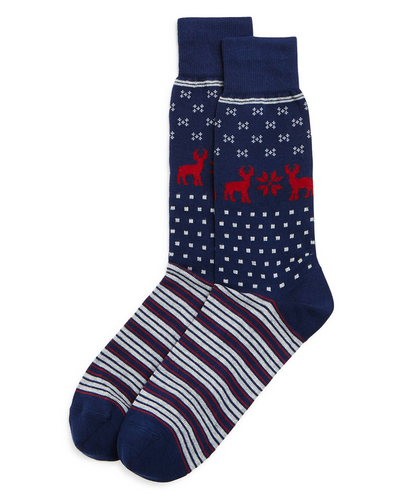 The Men's Store Fair-isle Reindeer Striped Socks Navy