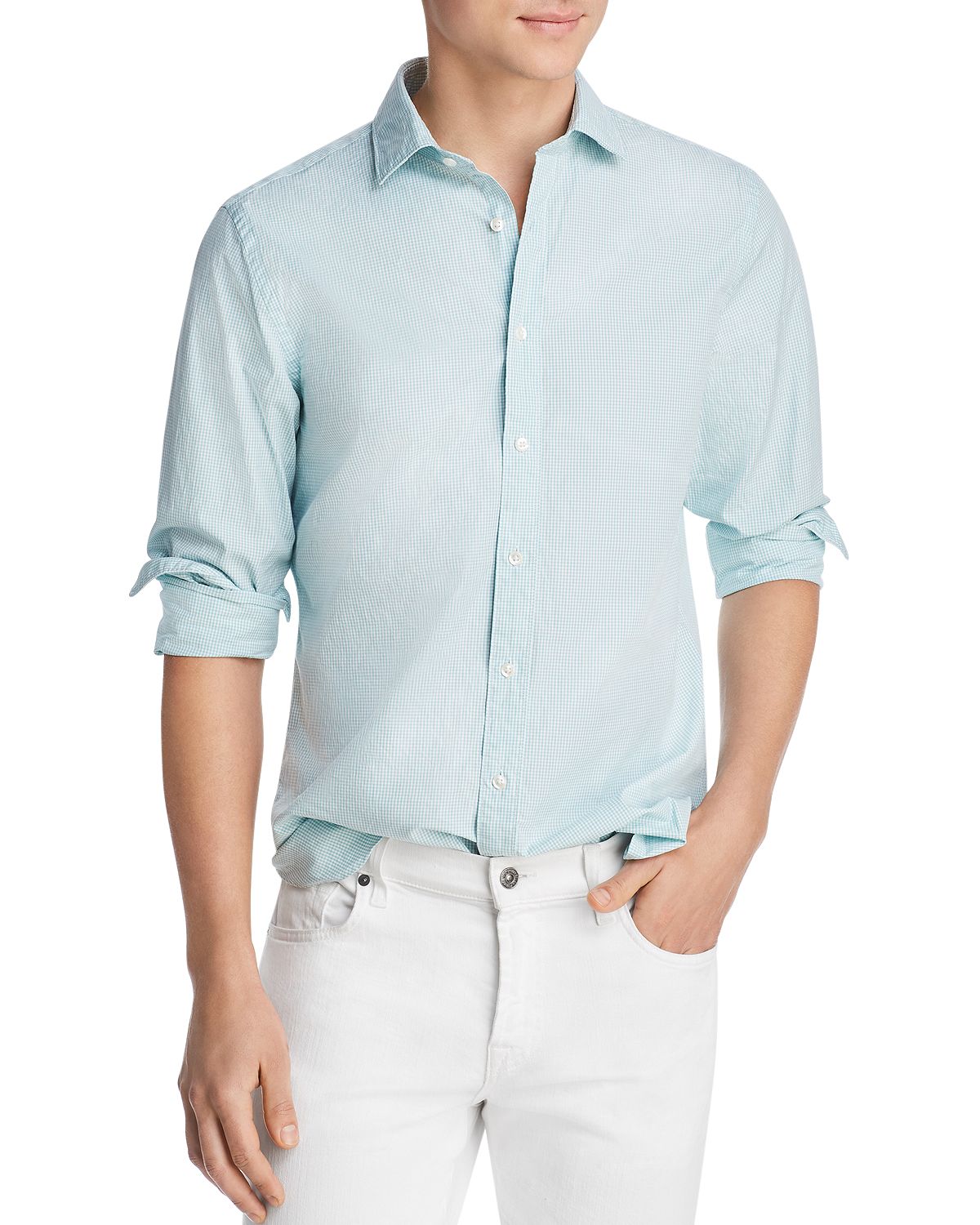 The Men's Store Micro-gingham Regular Fit Shirt Mint