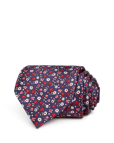 The Men's Store Scattered Floral Silk Classic Tie Navy/Red
