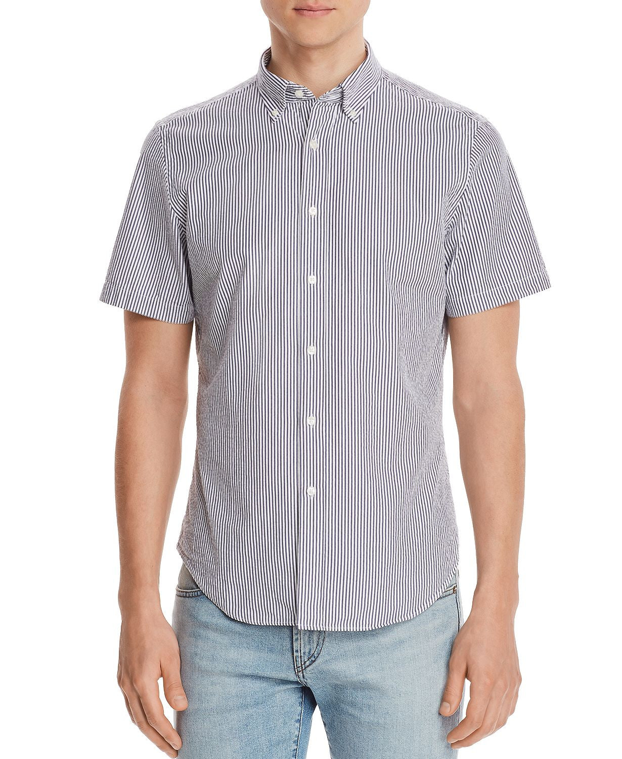 The Men's Store Short-sleeve Seersucker Slim Fit Button-down Shirt Navy