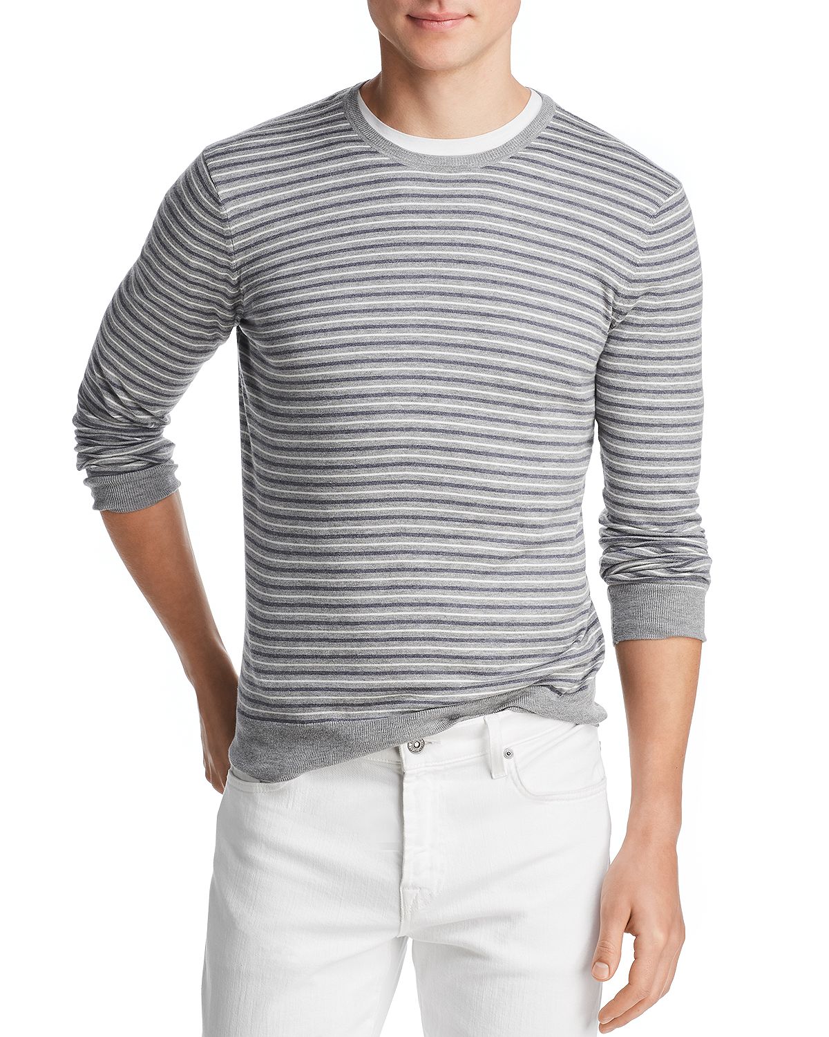 The Men's Store Tri-color Striped Crewneck Sweater Gray Ivory