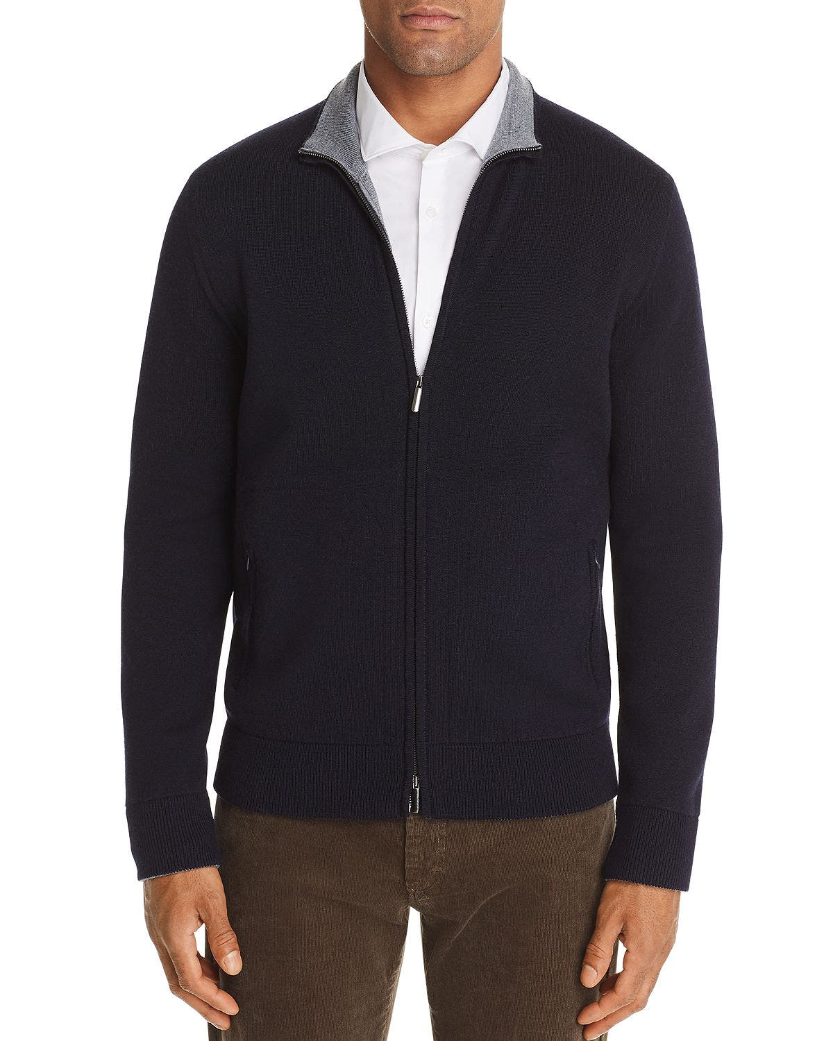 The Men's Store Zip-front Merino Wool Cardigan Navy