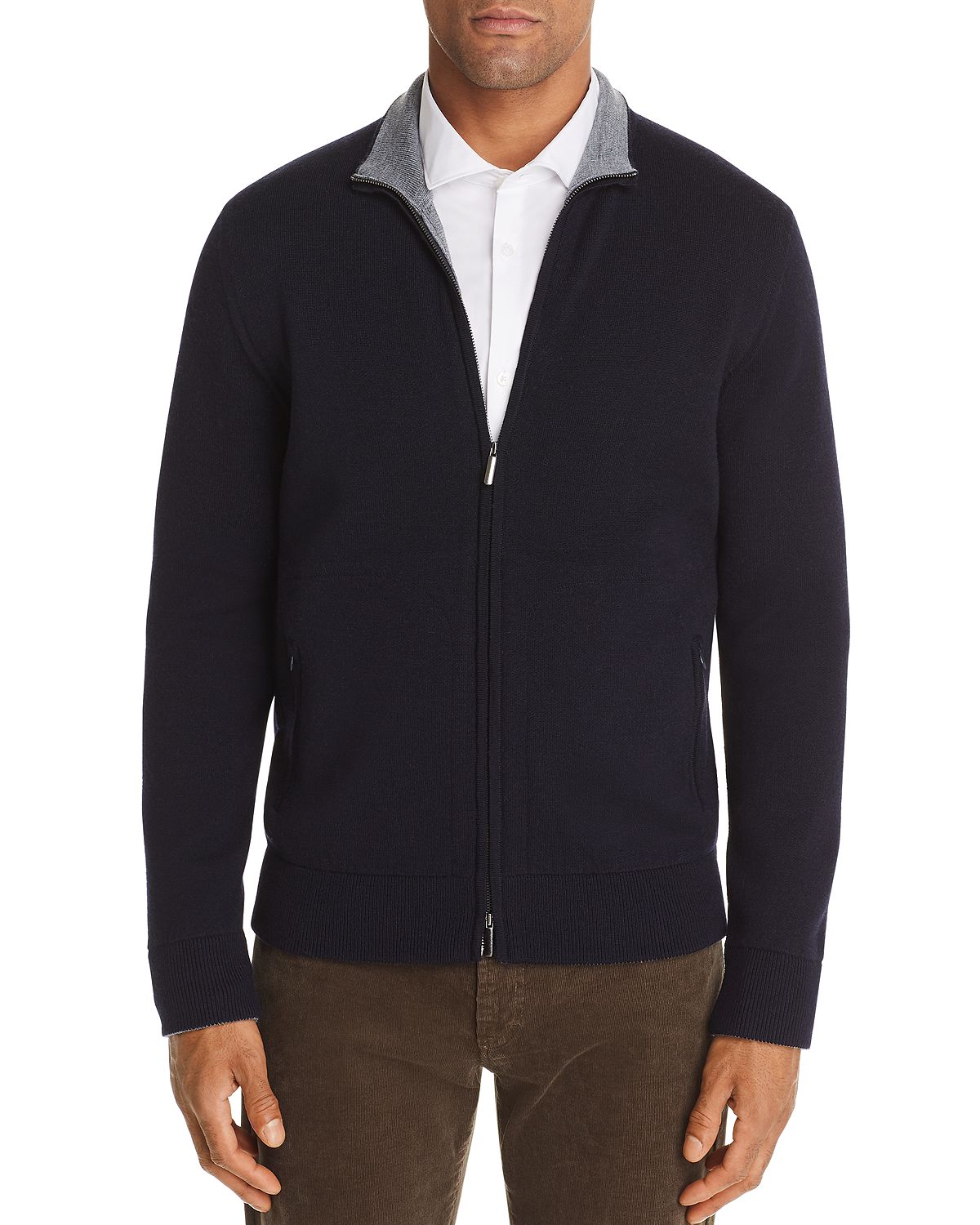 The Men's Store Zip-front Merino Wool Cardigan Navy